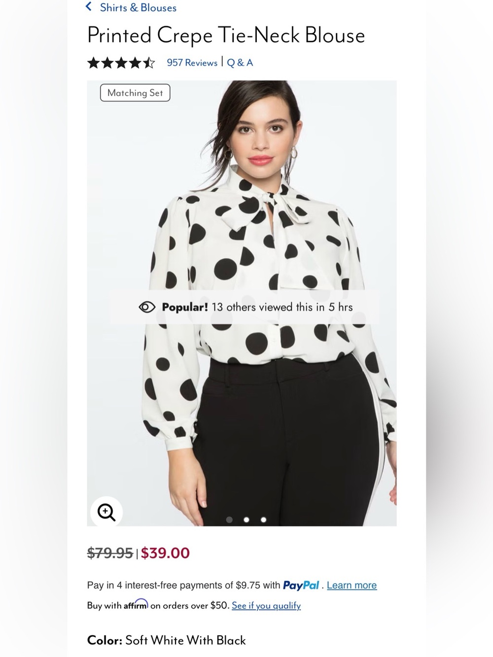 Eloquii Black & White Polka Dot Tie-Neck Blouse